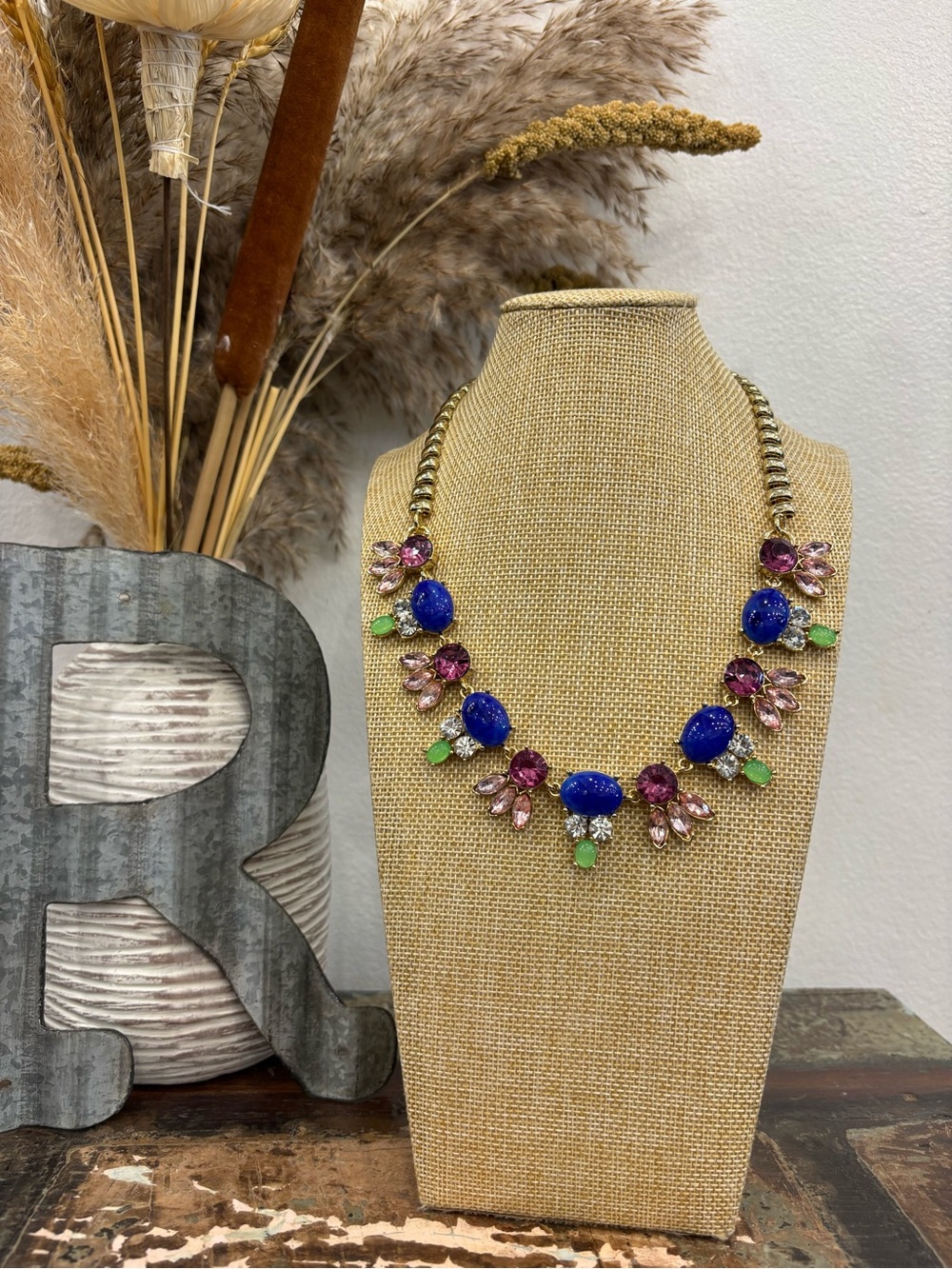 Talbots Statement Multicolor Crystal Necklace - Blue, Pink & Green